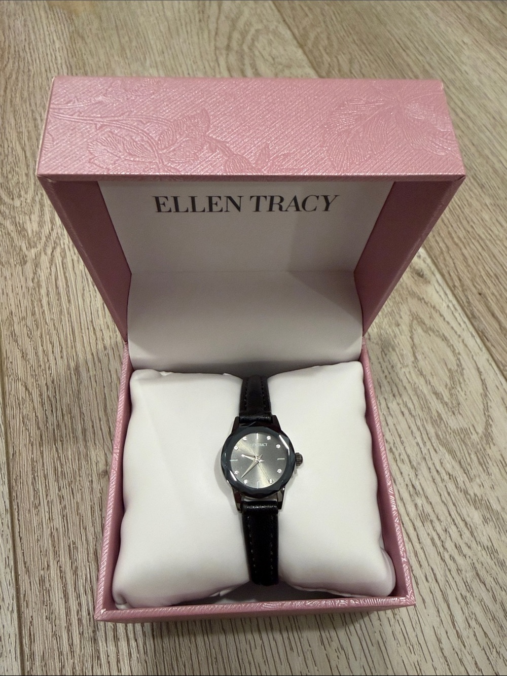 Ellen Tracy Black Leather Strap Silver Dial Watch